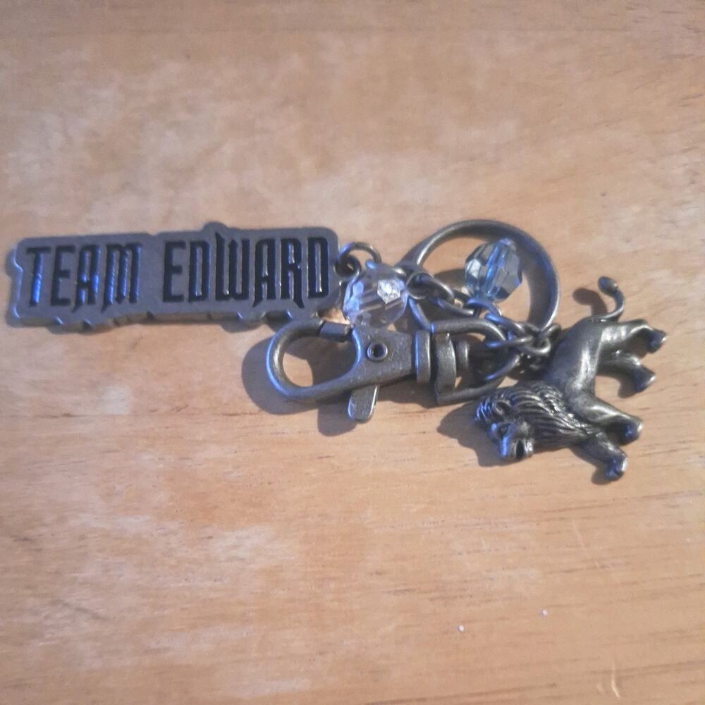 Vintage Bronze Lion Keychain Key Ring with Team Edward tag and lobster hook